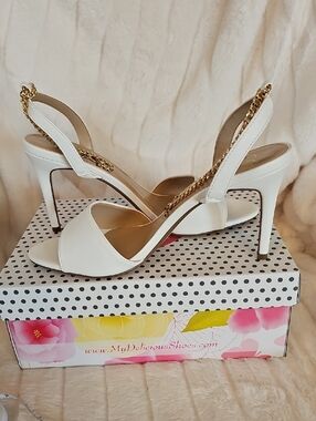 Delicious White Slingback Heels with Gold Chain Accent